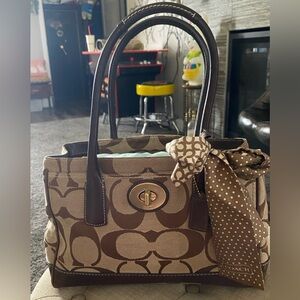 Coach Brown Madeline Signature Canvas Shoulder Bag with Coach Polka Dot Scarf